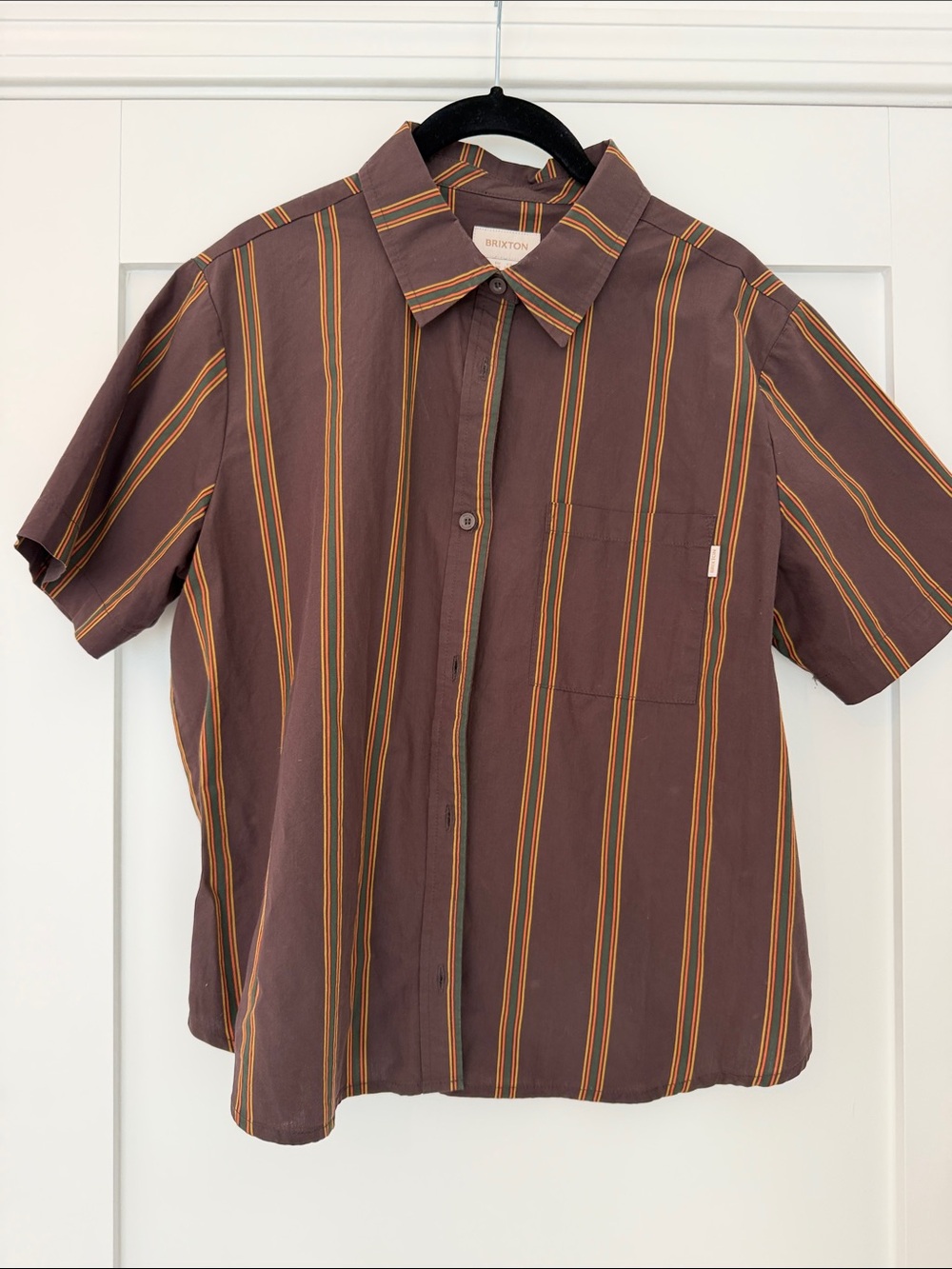 Brixton Brown Short-Sleeve Button-Down with Orange & Yellow Stripes